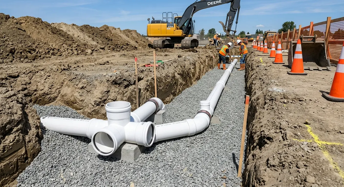 New PVC sewer pipe installation in open trench for Commercial Drain Cleaning in Murphy